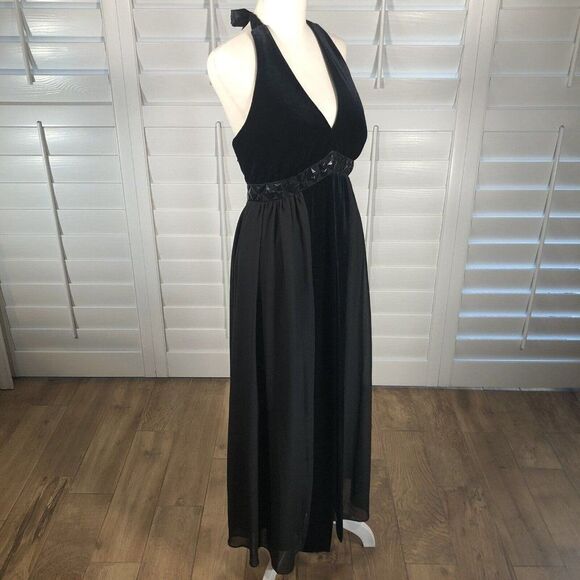 New Signature by Robbie Bee Cocktail Dress 8 Black Halter Velvet Satin Chiffon - Picture 3 of 12
